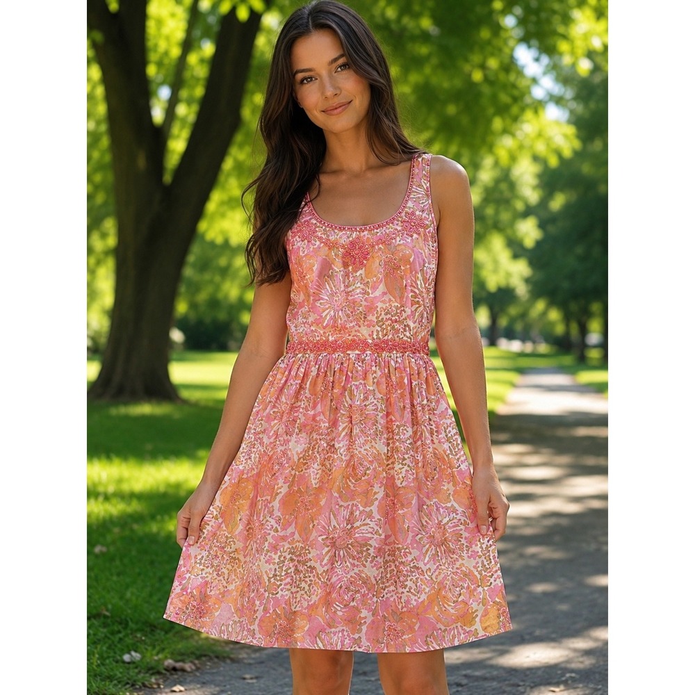 Bella Tu S Floral Cotton Sundress Beaded Embellished Neckline Lined NWT